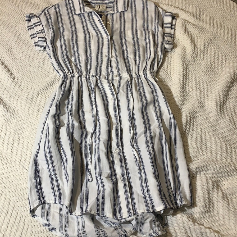 NWT Button Up Blue and White Stripped Collared Dress with Tie Waist